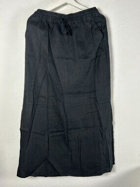 Garnet Hill Womens Black Linen Elastic Waist Midi Skirt Size 6 High Slit Casual